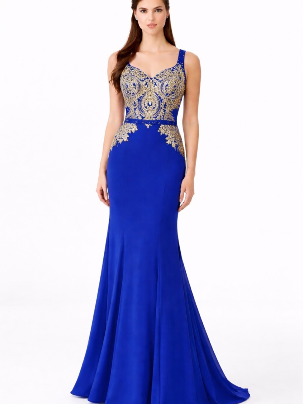 Cachet Royal Blue Prom Gown with Gold Embroidered Bodice